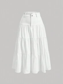 SHEIN MOD 净色荷叶边下摆半身裙 - 白色 - 查看 2