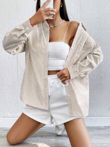 SHEIN EZwear Striped Print Drop Shoulder Shirt - Coffee Brown - View 6