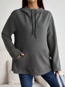 SHEIN Nursing Kangaroo Pocket Drop Shoulder Drawstring Hoodie - Grey - View 4