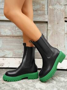 Giày bốt Chelsea đế xuồng màu tương phản thời trang nữ, giày bốt cổ ngắn đế dày có răng, chất liệu da, phong cách đường phố, phù hợp với mọi mùa - màu xanh lá - Xem 4