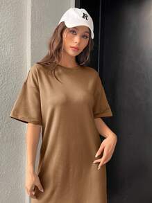 SHEIN EZwear Solid Split Hem Tee Dress - Camel - View 5