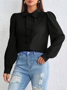 SHEIN Privé Frill Trim Puff Sleeve Shirt - Black - View 3