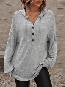 SHEIN LUNE 半鈕扣落肩抽繩連帽衫 - 灰色 - 查看 5
