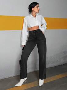 RueChic 100%Cotton Casual Solid High Waist Straight Leg Jeans - Black - View 5