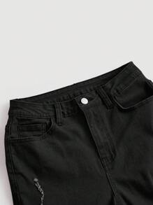SHEIN MOD Ripped Flare Leg Jeans - Black - View 4