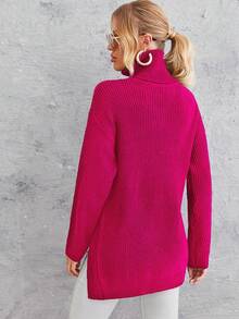 EURMUSE Áo len cổ lọ xẻ vai trễ vai - Màu Hồng Tươi - Xem 2