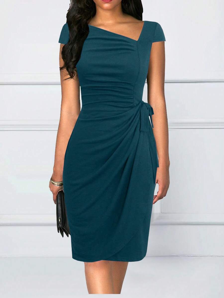 Solid Asymmetrical Neck Wrap Knot Side Dress - Teal Blue - View 1