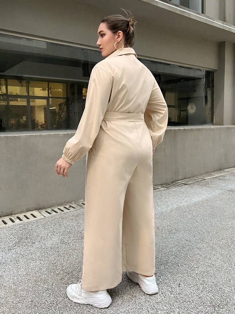 Plus Solid Belted Wide Leg Jumpsuit