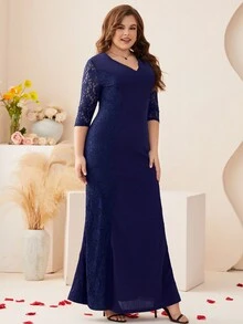 大碼蕾絲拼接長連衣裙 - 藏蓝色 - 查看 3