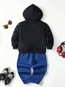 SHEIN 男童恐龍印花連帽衫和運動褲 - 黑色 - 查看 2