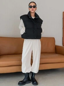 DAZY 斜插口袋無袖填充厚口袋外套 - 黑色 - 查看 6