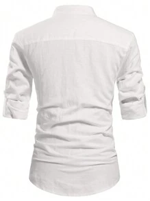 Men Plus Solid Half Button Shirt, Absorbs Sweat - White - View 2