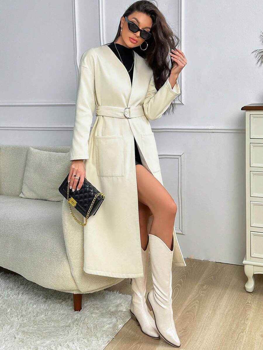 SHEIN Privé Thả vai Vá Túi Thắt lưng Áo khoác - Màu be - Xem 1