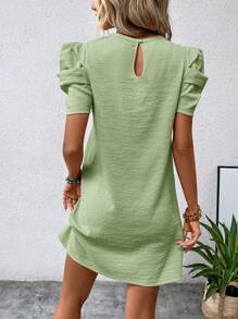 SHEIN Clasi Solid Puff Sleeve Dress - Mint Green - View 2