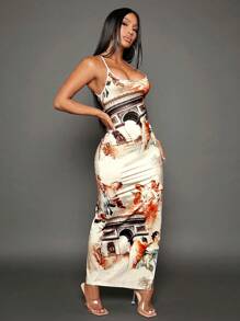 SHEIN SXY Tropical Print Crisscross Tie Backless Split Thigh Cami Dress - Multicolor - View 2