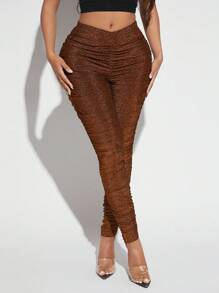 SHEIN SXY 褶邊金屬亮絲緊身打底褲 - 咖啡棕 - 查看 1