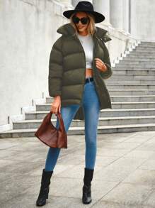 EURMUSE Zip Up Hooded Puffer Coat - Dark Green - View 6