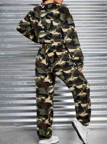 SHEIN EZwear Camo Print Drop Shoulder Teddy Pullover & Pants - Multicolor - View 2