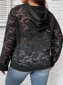 SHEIN LUNE 大碼花卉蕾絲抽繩連帽衛衣 - 黑色 - 查看 2