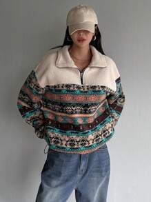 DAZY Geo Print Half Zip Drop Shoulder Sweatshirt Boho,Thermal Lined - Black and White - View 4