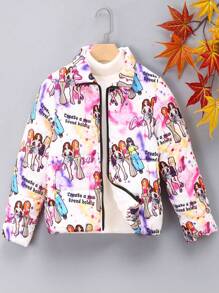 SHEIN Tween Girl 1 件装人物与口号图案拉链夹棉外套 - 彩色 - 查看 1