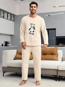 Nam Gấu trúc & Thêu Chữ Tay Raglan Teddy Bộ PJ - Màu be - Xem 6