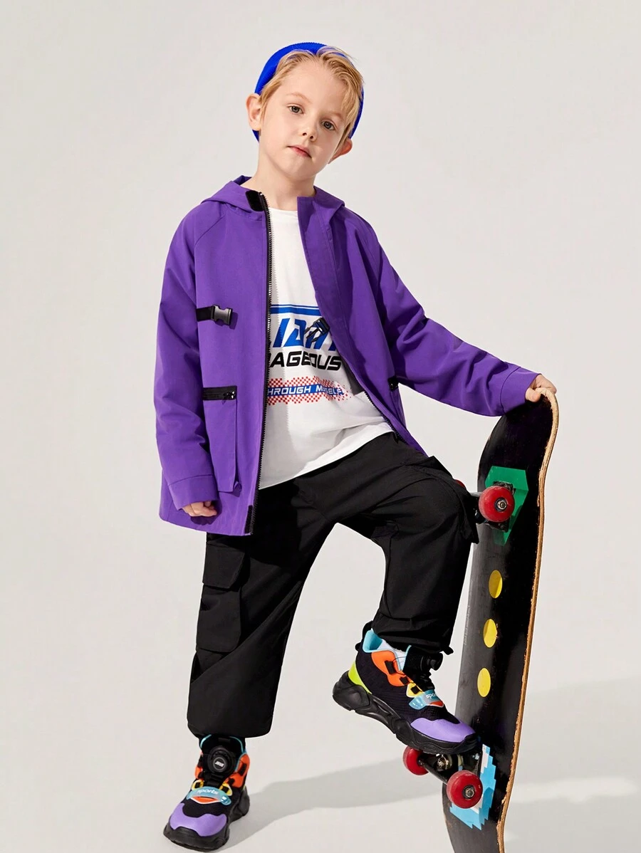 SHEIN Tween Boy Buckle Detail Raglan Sleeve Hooded Thermal Coat - Purple - View 1