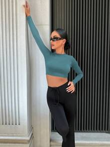 EURMUSE Chất rắn Không lưng Áo phông Crop - Màu xanh Bạc hà - Xem 4