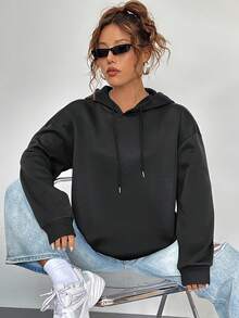 SHEIN EZwear Cartoon & Slogan Graphic Drop Shoulder Drawstring Thermal Lined Hoodie - Black - View 2