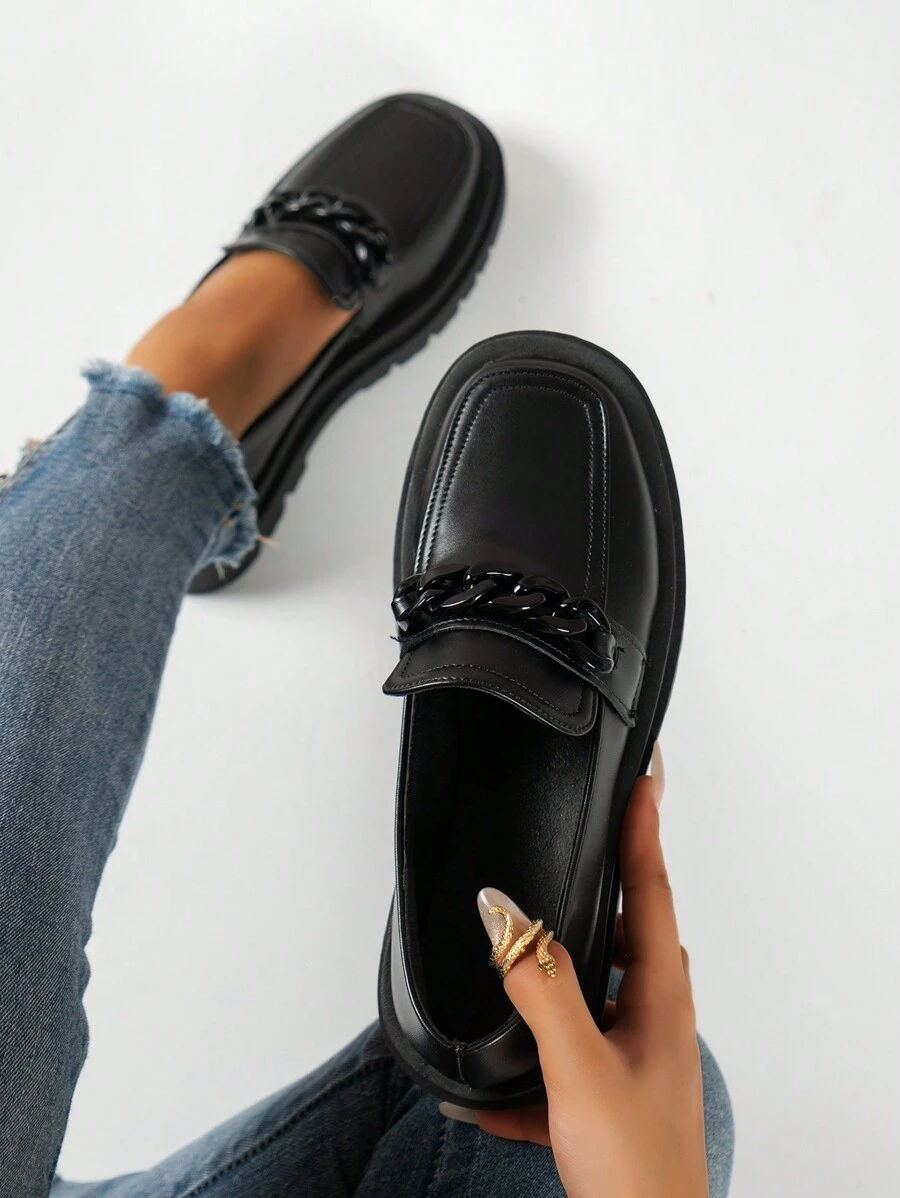 女式粗跟樂福鞋，方頭一腳蹬厚底運動鞋，英倫風格復古 PU 皮革瑪麗珍鞋，適合工作、辦公室、通勤