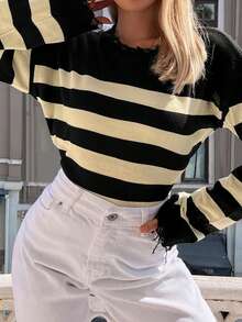 SHEIN 條紋圖案落肩袖仿舊邊套頭毛衣 - 黑色 - 查看 5