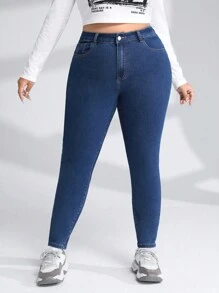 SHEIN EZwear Plus Zipper Fly Skinny Jeans - Dark Wash - View 6