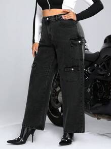 SHEIN ICON Hơn Cao eo Túi có nắp Quần jean chở hàng - màu đen - Xem 6