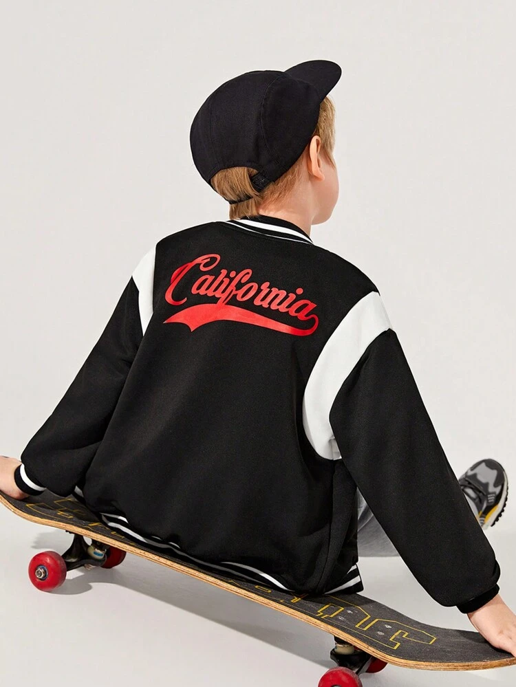 Tween Boy Letter Graphic Striped Trim Drop Shoulder Two Tone Varsity Jacket