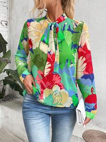 SHEIN LUNE 印花繫帶領襯衫 - 彩色 - 查看 4