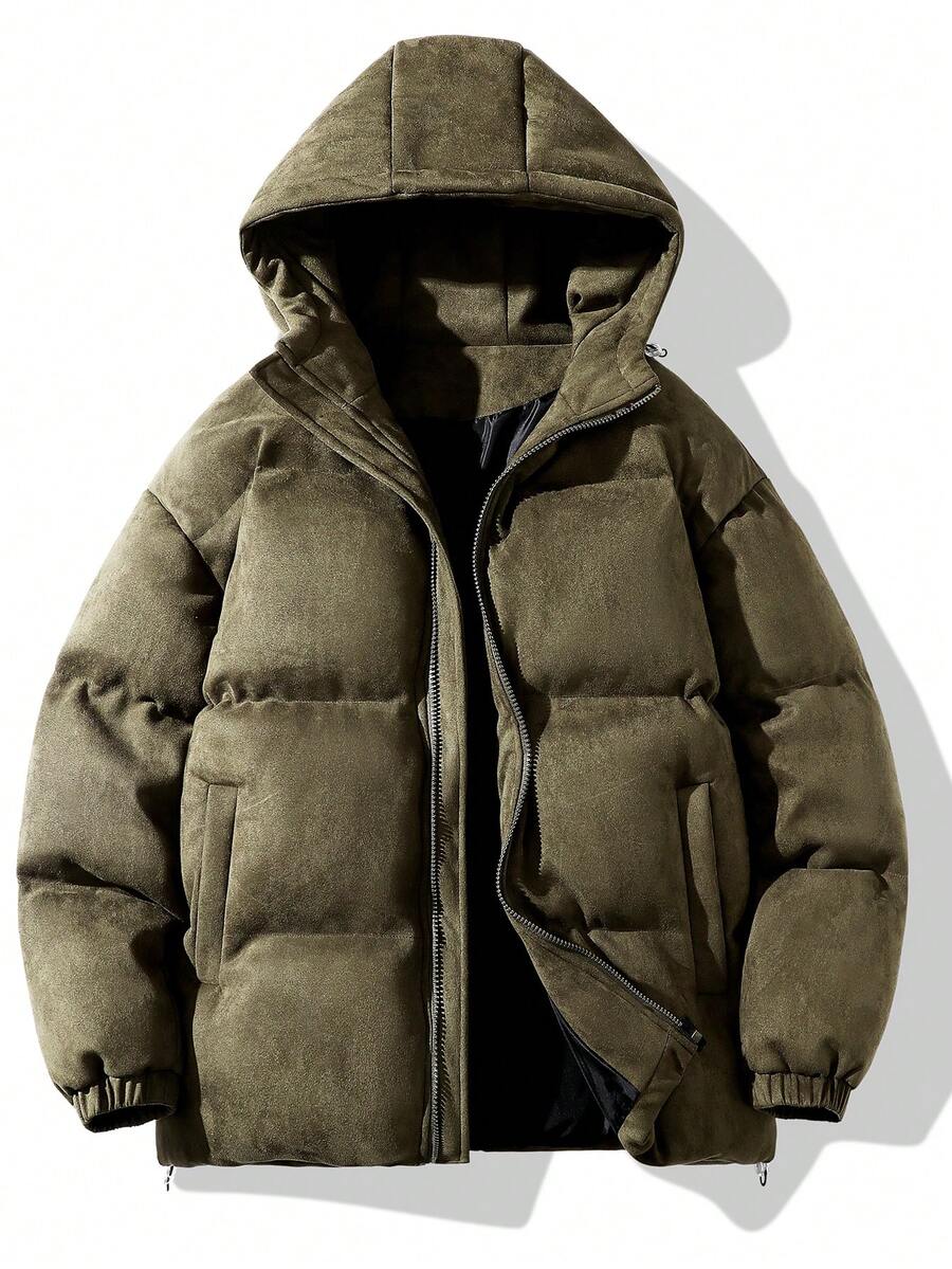 Men Slant Pockets Hooded Padded Coat - Army Green - View 1