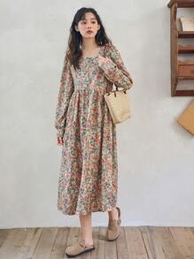 FRIFUL 碎花印花方领灯笼袖罩衫连衣裙，荷叶边，秋季长袖连衣裙度假装扮女装 - 彩色 - 查看 3