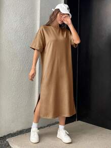 SHEIN EZwear Solid Split Hem Tee Dress - Camel - View 4
