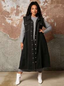 SHEIN CURVE+ 加蓋袋毛邊牛仔背心夾克 - 黑色 - 查看 5