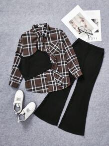 SHEIN 女大童格紋印花襯衫和吊帶上衣和喇叭褲