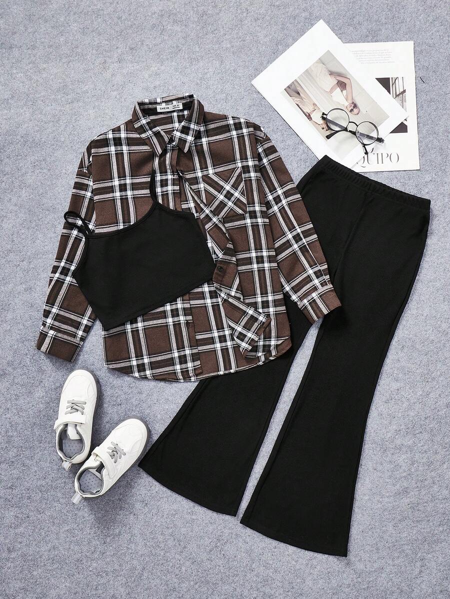 SHEIN 女大童格紋印花襯衫和吊帶上衣和喇叭褲