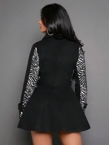 SHEIN SXY Áo khoác ngoài họa tiết sọc ngựa vằn cài hai hàng khuy có thắt lưng cho mùa thu/đông - màu đen - Xem 2