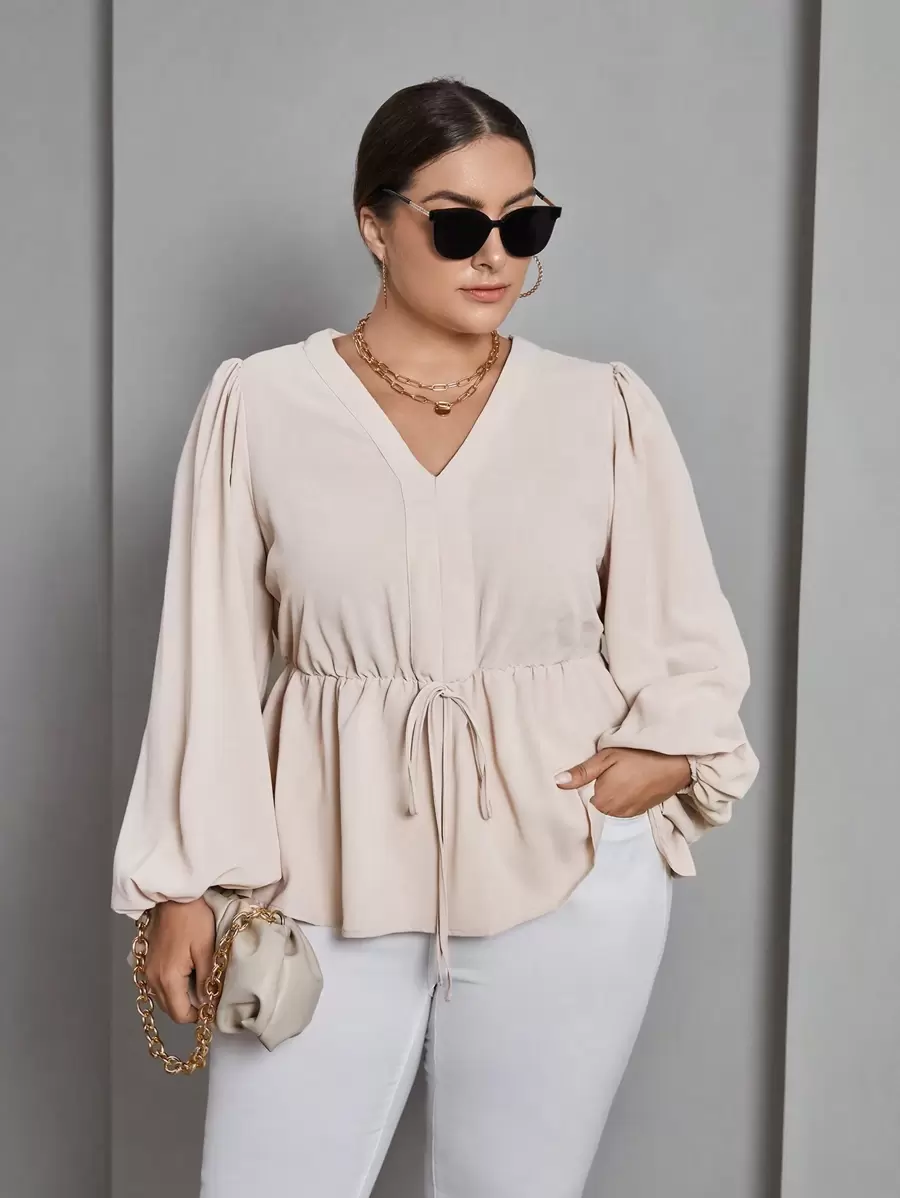 SHEIN Privé Plus Áo kiểu có nút thắt tay đèn lồng phía trước - Màu Khaki - Xem 1