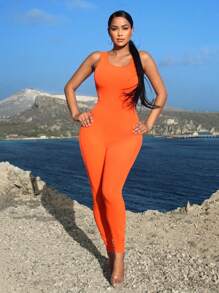 SHEIN SXY 淨色低圓領連體衣 - 橘色 - 查看 1