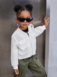SHEIN Young Girl Flap Pocket Bomber Jacket - White - View 5