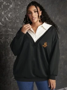 SHEIN CURVE+ Plus Bear Flocking Drop Shoulder 2 In 1 Sweatshirt - Black - View 1
