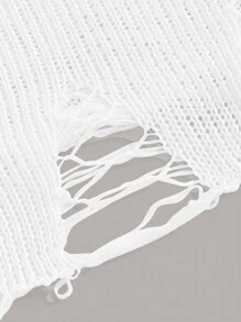 SHEIN ICON Off Shoulder Ripped Crop Sweater - White - View 3