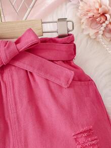 Baby Girl Ripped Paperbag Waist Belted Skirt - Hot Pink - View 4