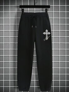 Manfinity EMRG Men Letter Cross Graphic Drawstring Waist Sweatpants - Black - View 2