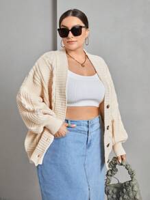 SHEIN Essnce 大碼麻花編織落肩袖前紐扣開襟衫 - 杏色 - 查看 6